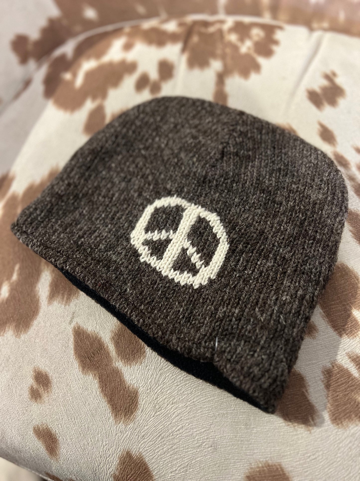 Brown Knit Fleece Lined Peace Sign Beanie