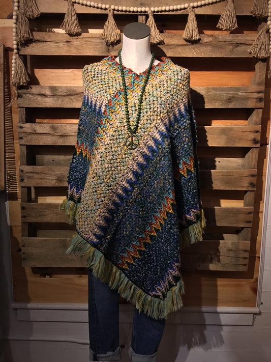 Blue Boho Knit Tassel Poncho