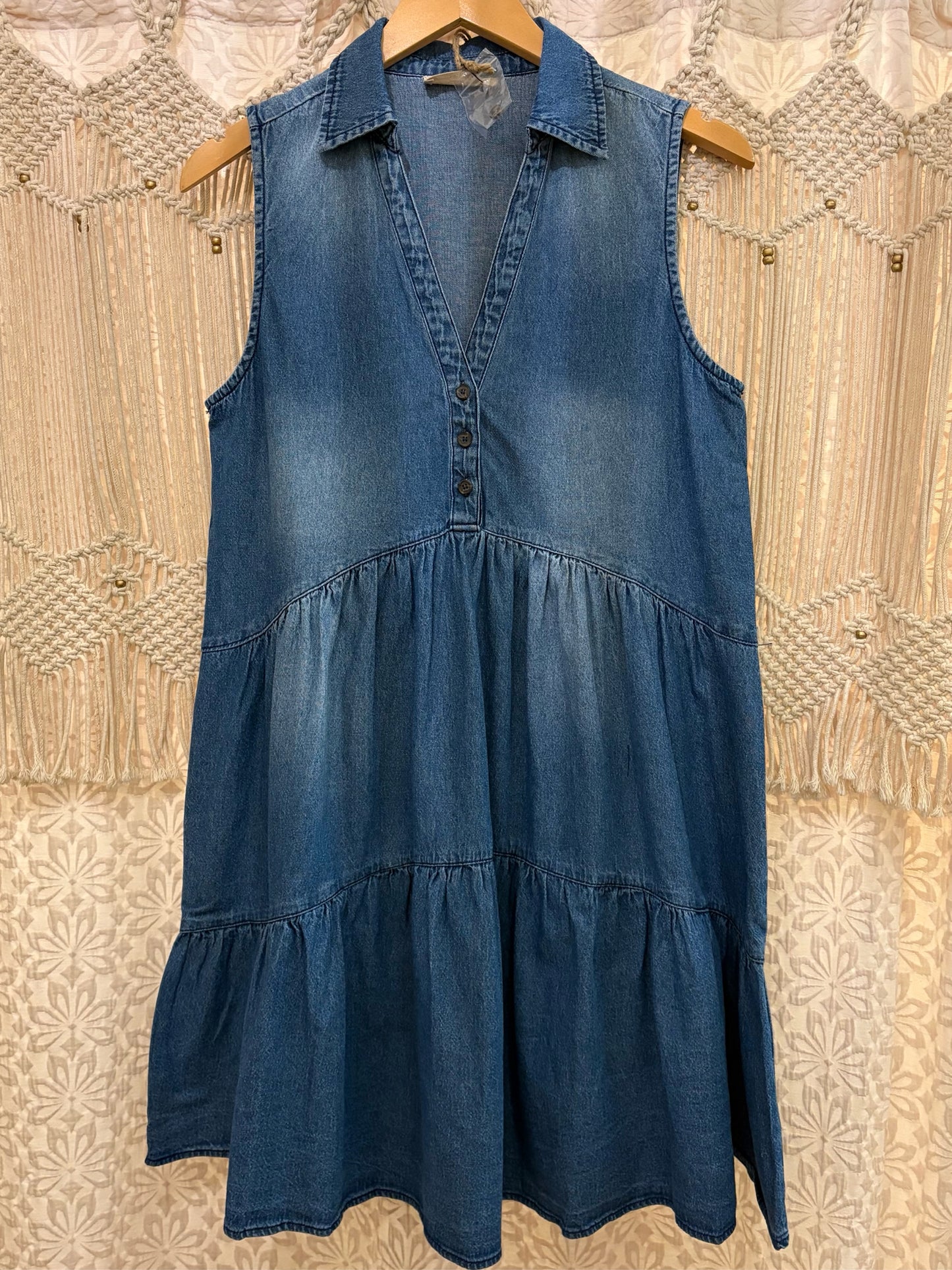 Boho Western Denim Tiered Button Sleeveless Dress