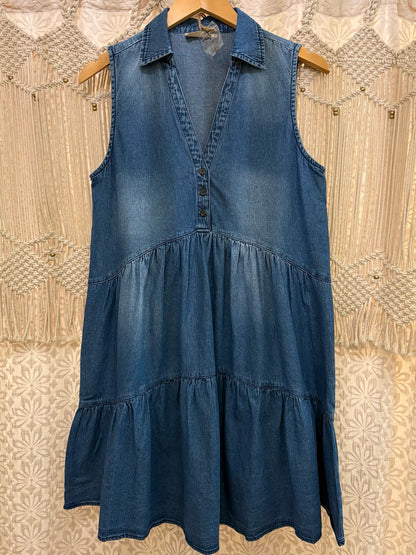 Boho Western Denim Tiered Button Sleeveless Dress