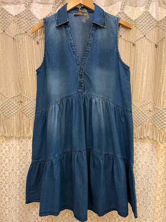 Boho Western Denim Tiered Button Sleeveless Dress
