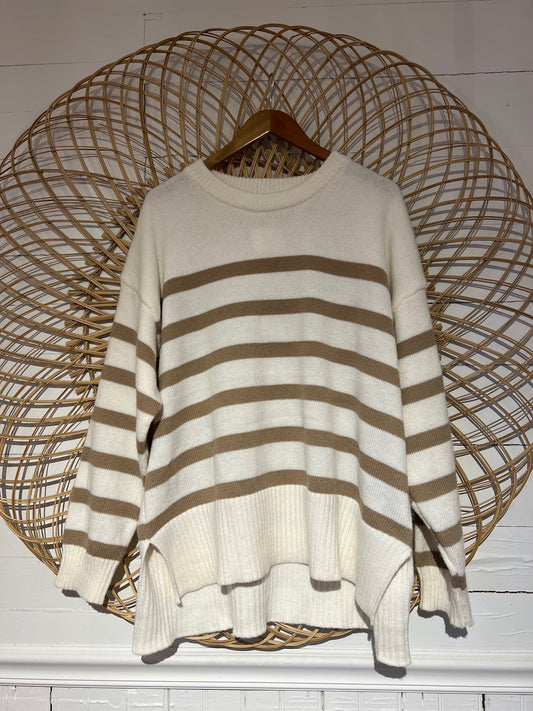 M/L Beige Striped Soft Knit Sweater