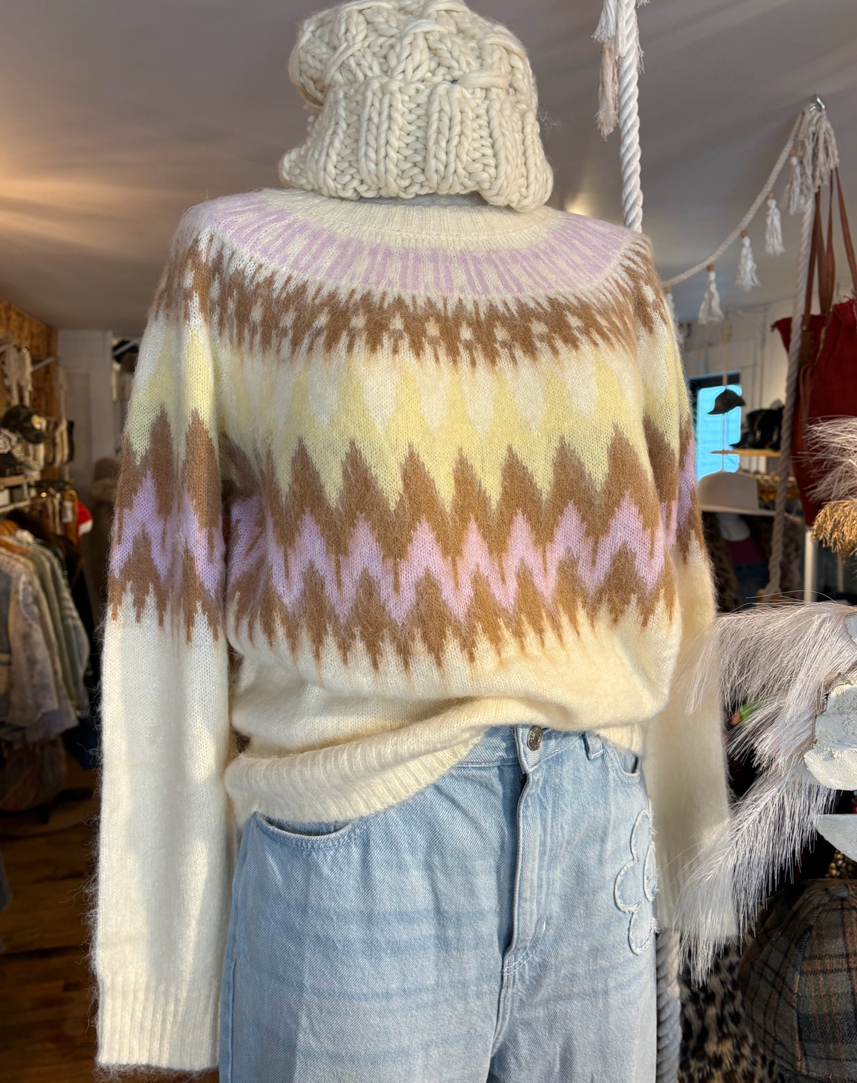 Boho Chic Cozy Fair Isle Chevron Knit Sweater