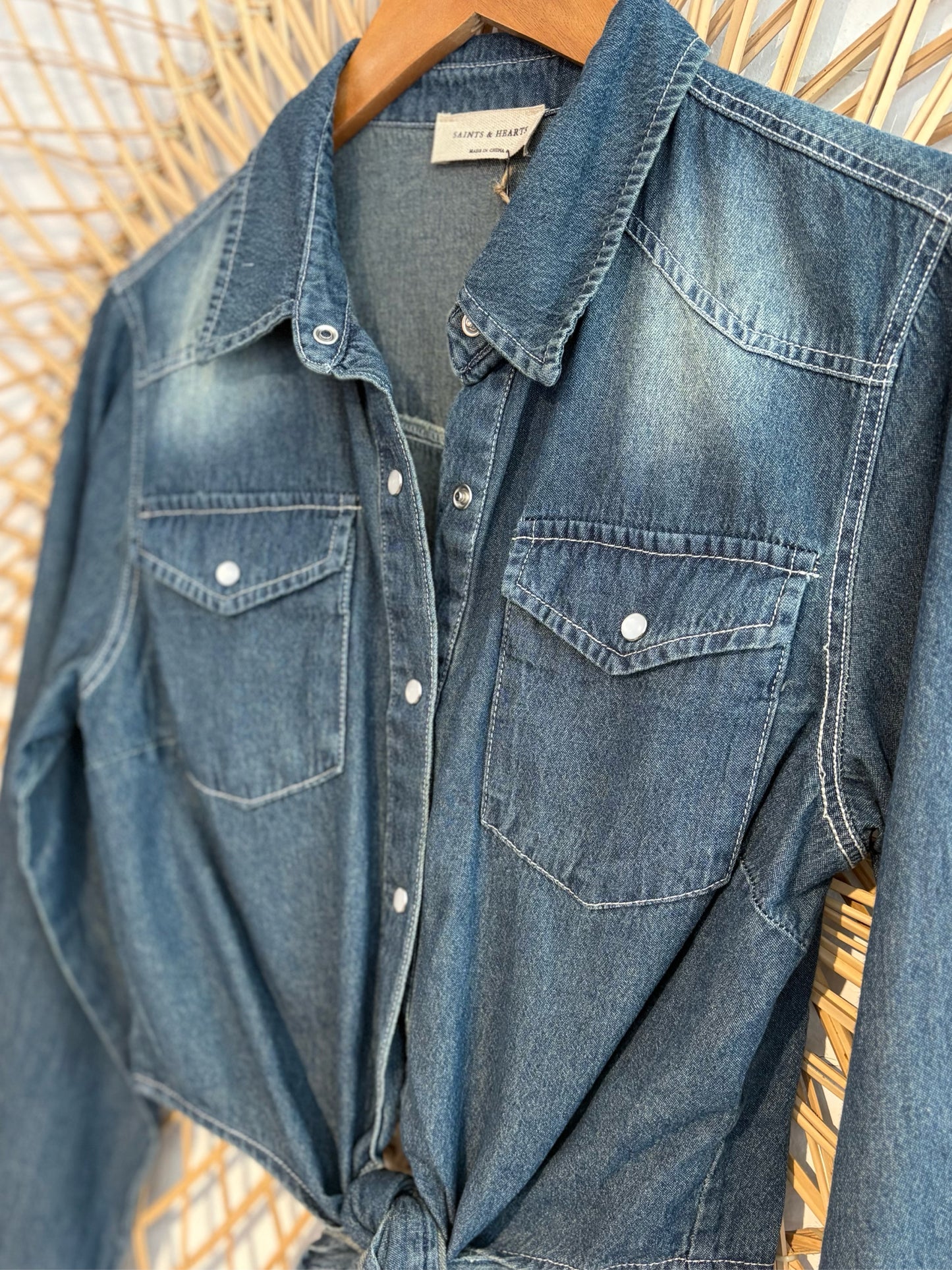 Boho Western Denim Tie Front Button Up Shirt