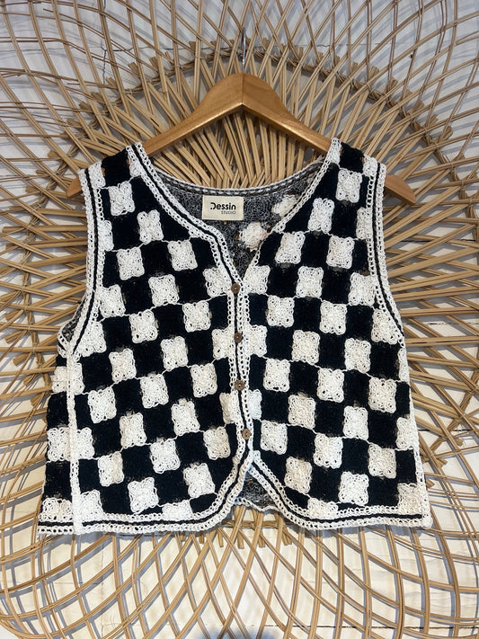 S/M White/Black Crochet Checkerboard Button-up Vest