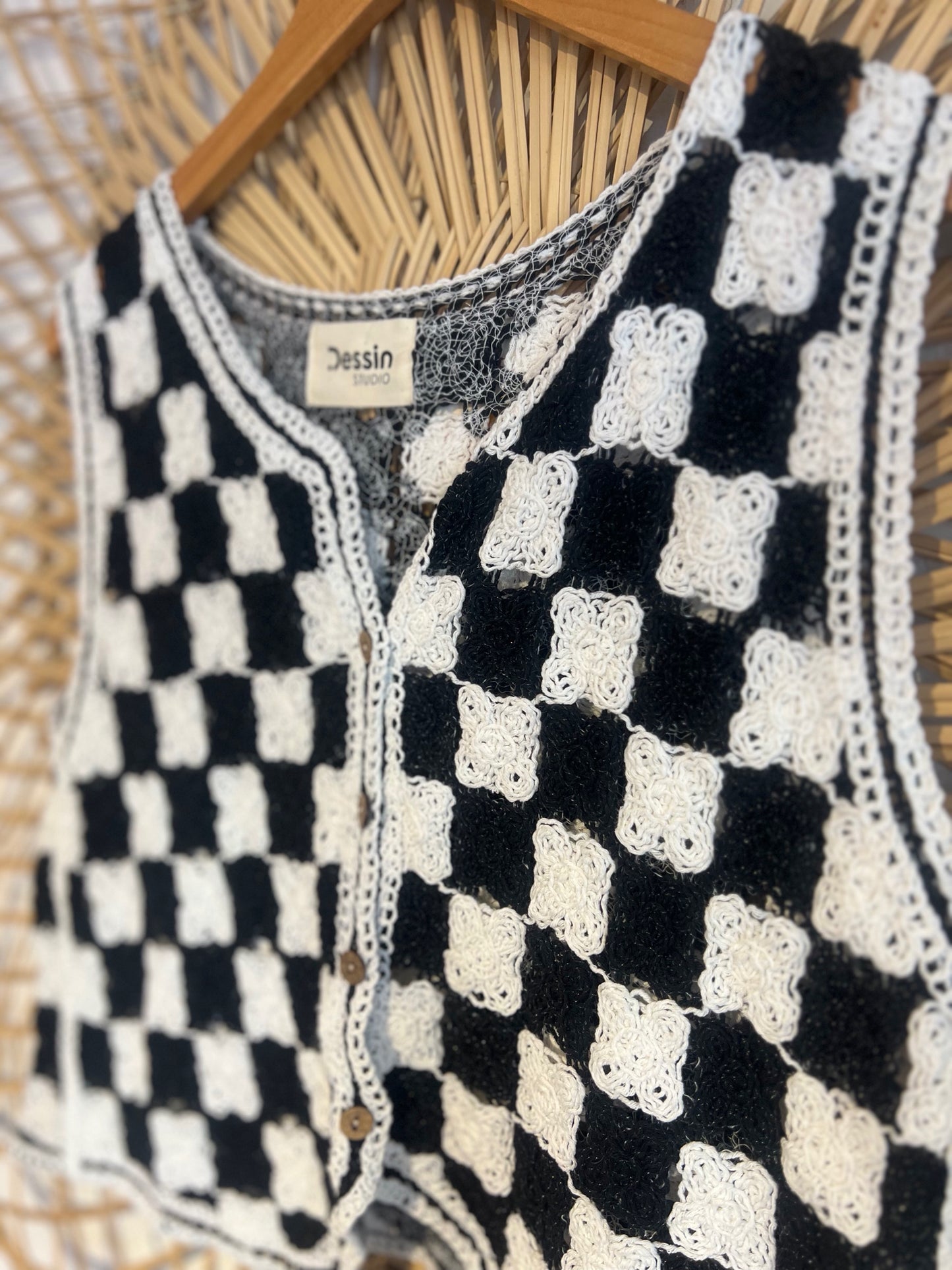 S/M White/Black Crochet Checkerboard Button-up Vest