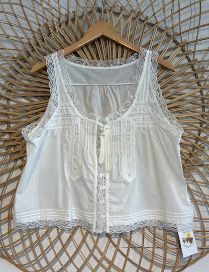 Boho Dainty Lace Trim Button Front With Tie Tank