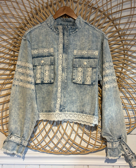 Boho Hippy Lace Trim Buckle Sleeve Denim Jacket