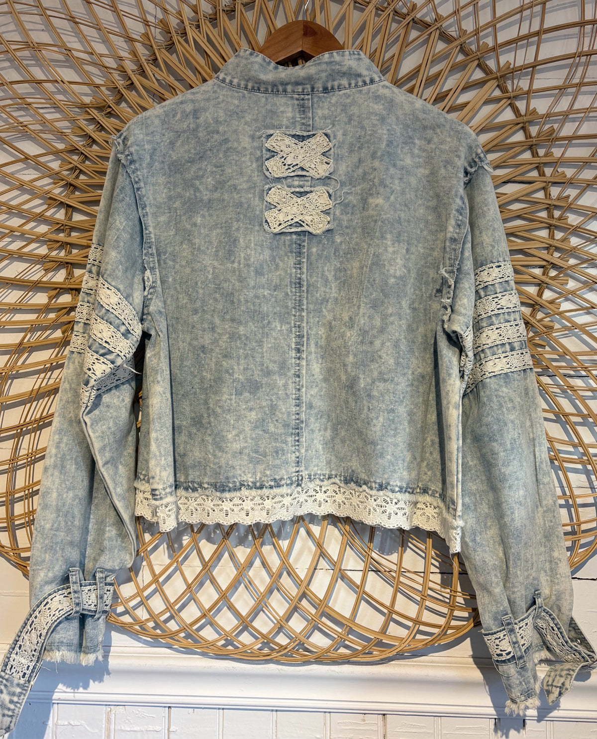 Boho Hippy Lace Trim Buckle Sleeve Denim Jacket
