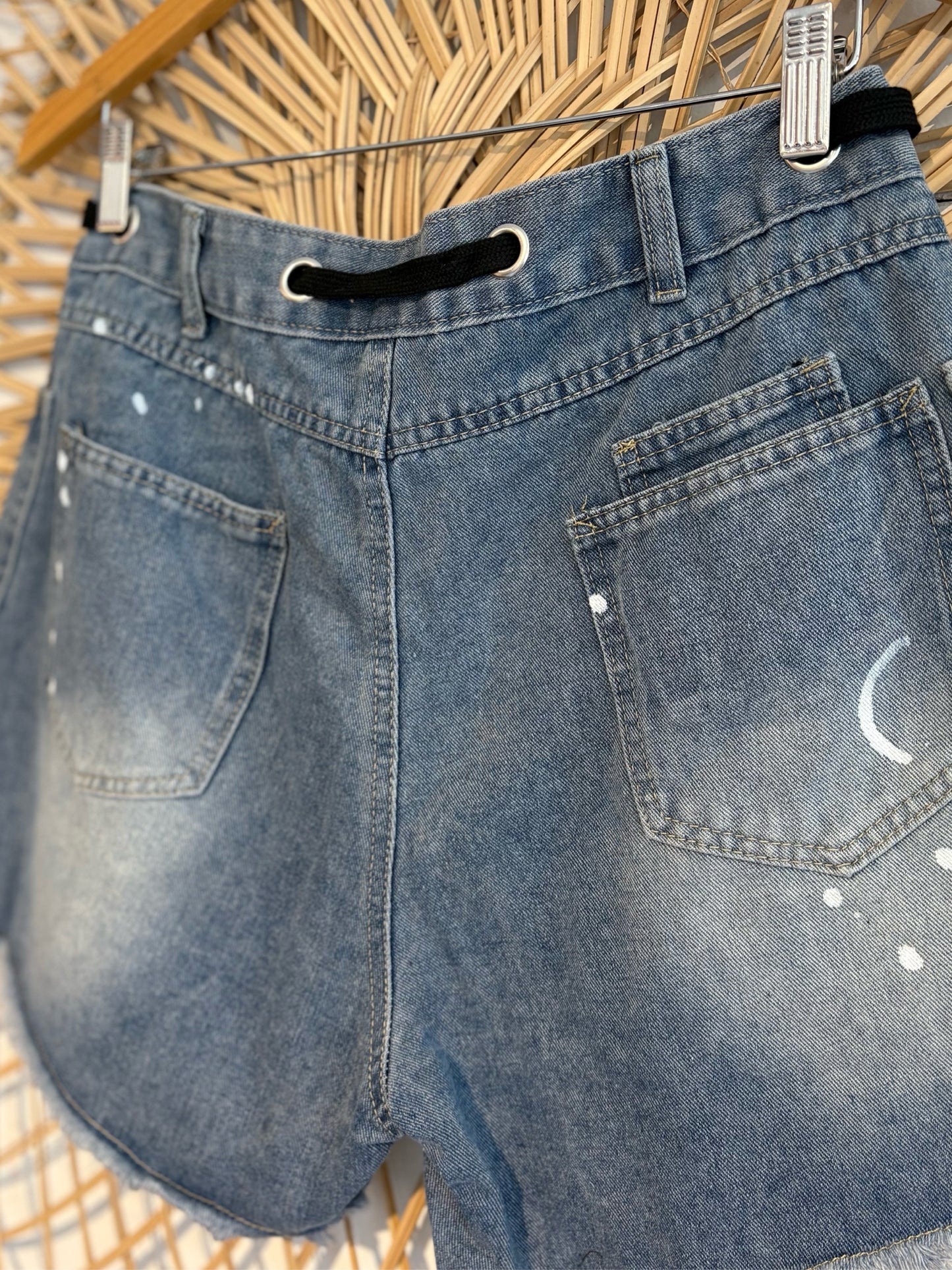 Boho Hipster Lace Up Splatter Paint Cut Off Denim Shorts