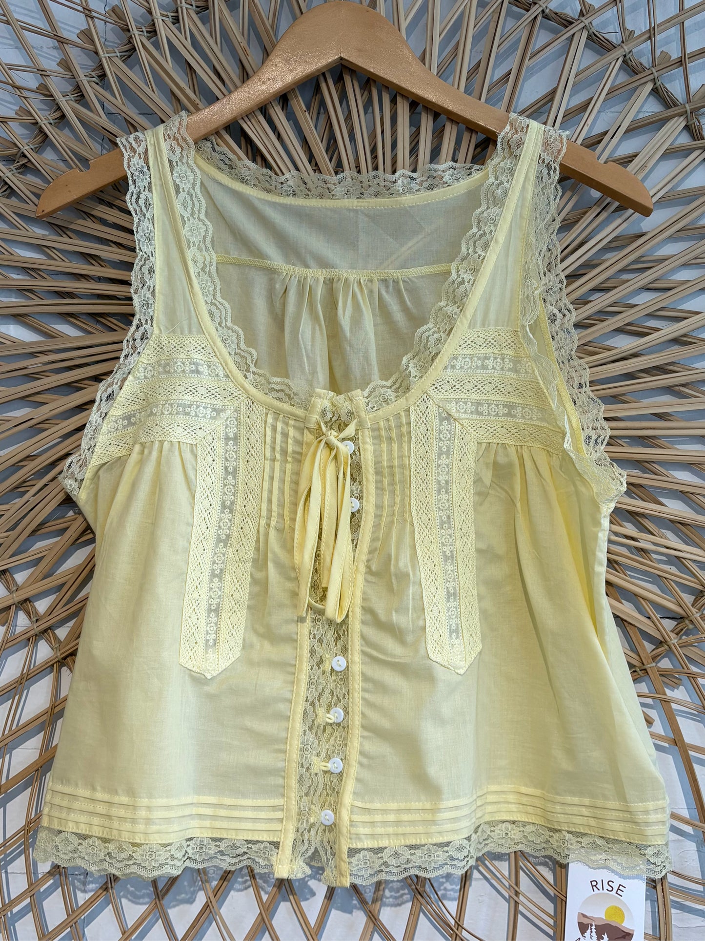 Boho Dainty Lace Trim Button Front With Tie Tank