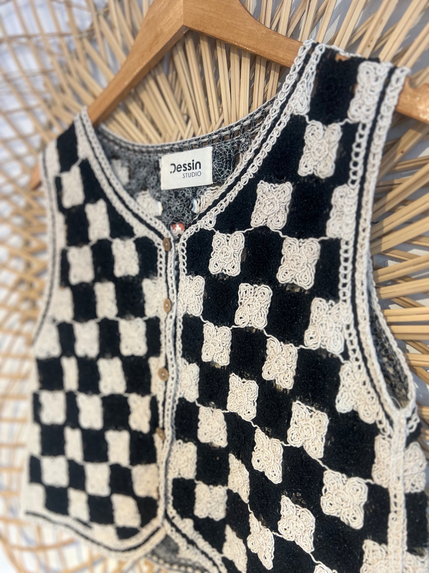 S/M Ivory/Black Crochet Checkerboard Button-up Vest