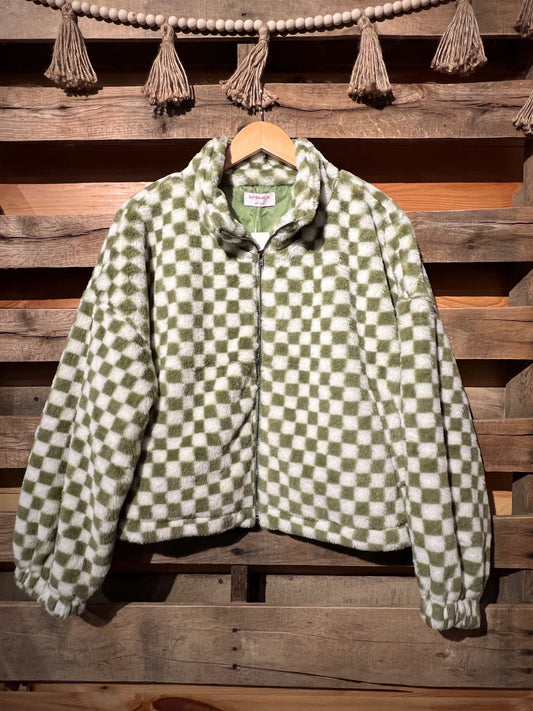 S Green Checkerboard Sherpa Zip up