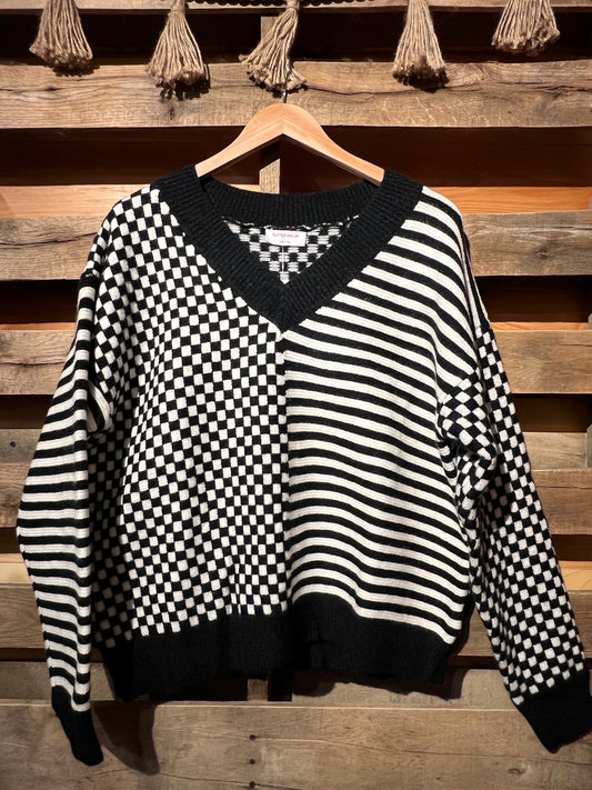 M Black Hipster Checkerboard/Stripe V Neck Sweater