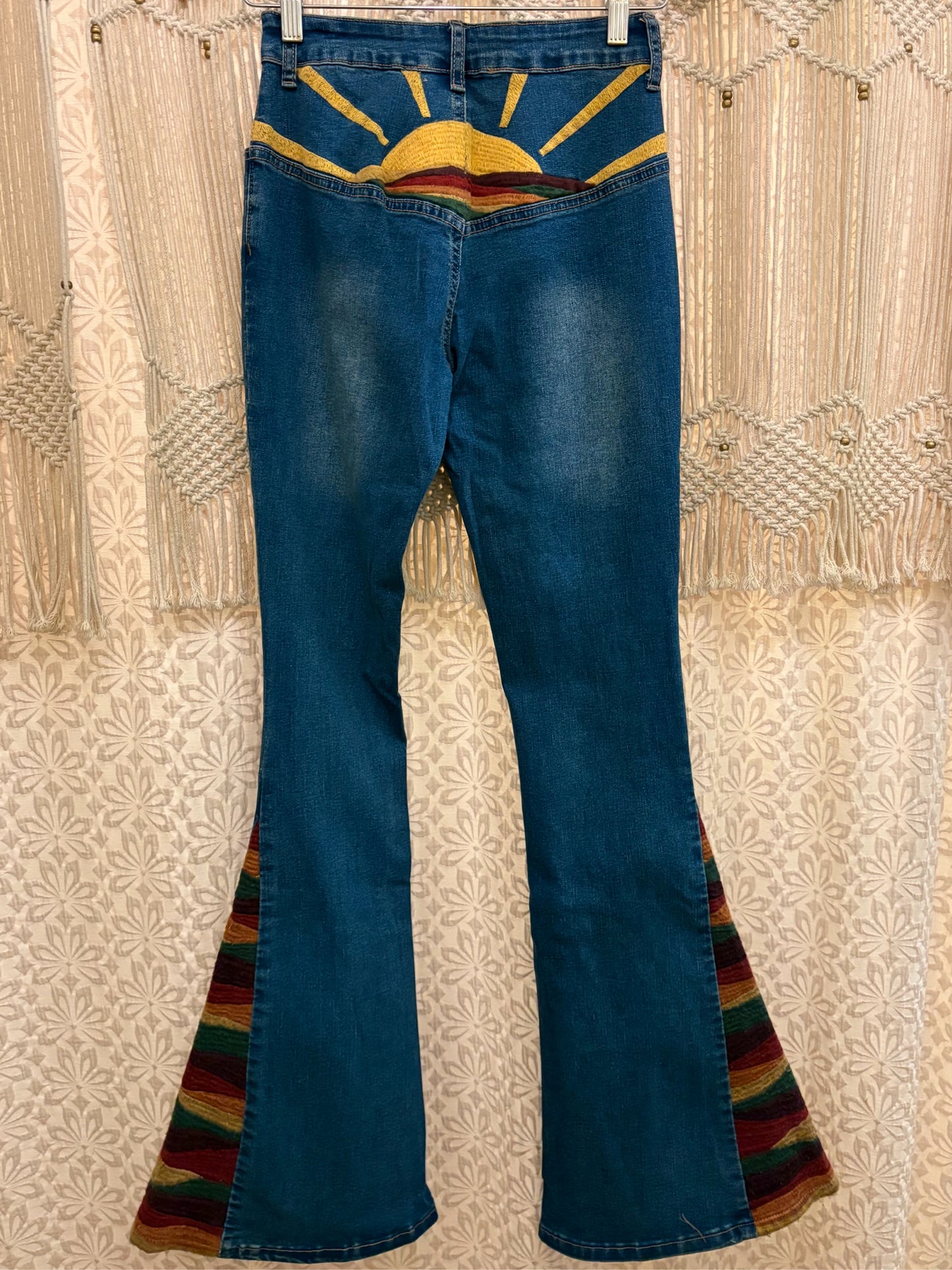 Boho Western Sunset Embroidered Denim Bell Bottoms