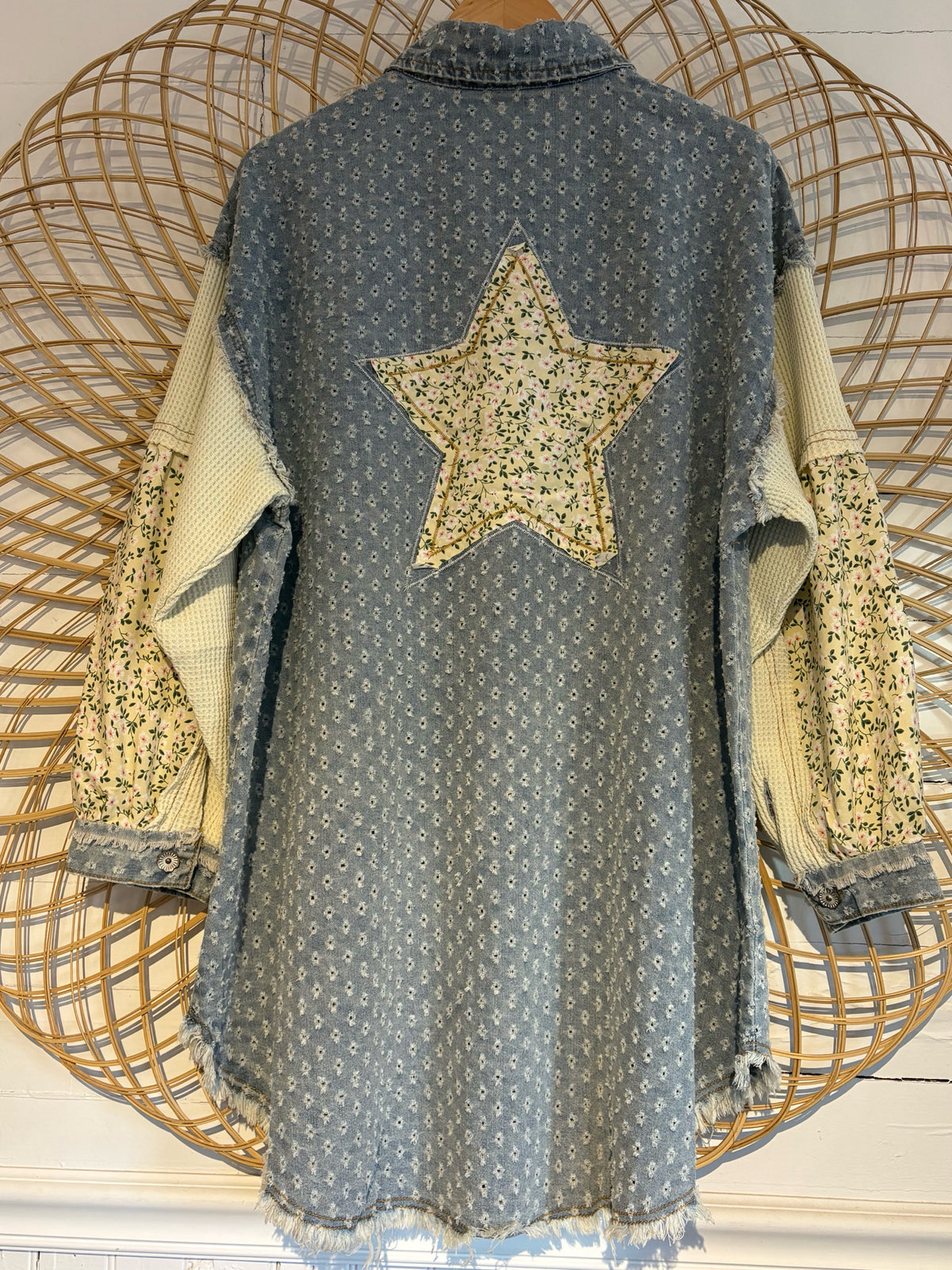 Boho Hippy Balloon Sleeve Peace Star Patchwork Button Up