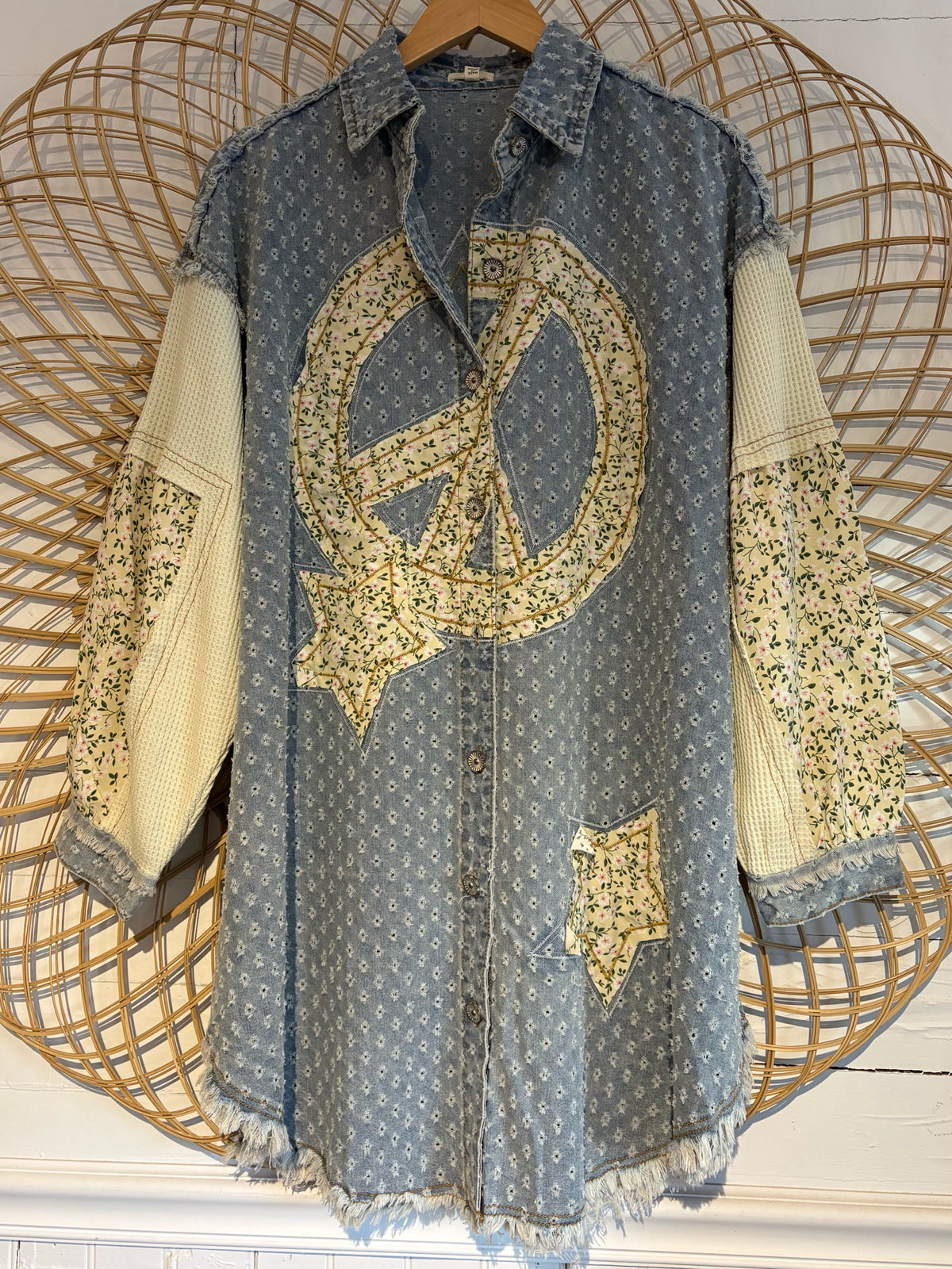 Boho Hippy Balloon Sleeve Peace Star Patchwork Button Up