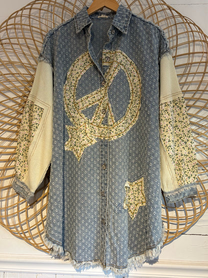 Boho Hippy Balloon Sleeve Peace Star Patchwork Button Up