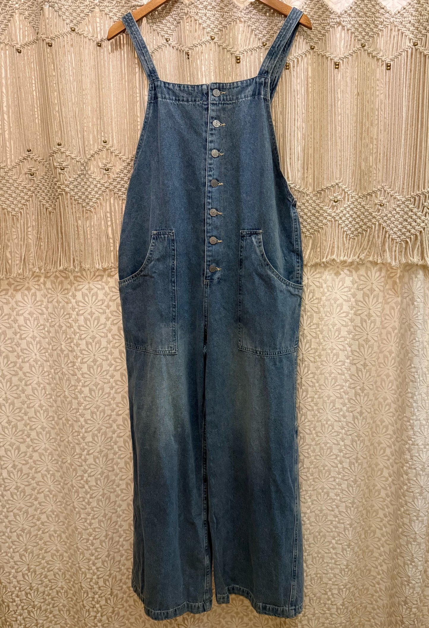 Boho Hippy Denim Button Front Wide Leg Overalls