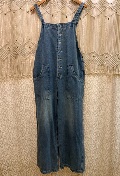Boho Hippy Denim Button Front Wide Leg Overalls
