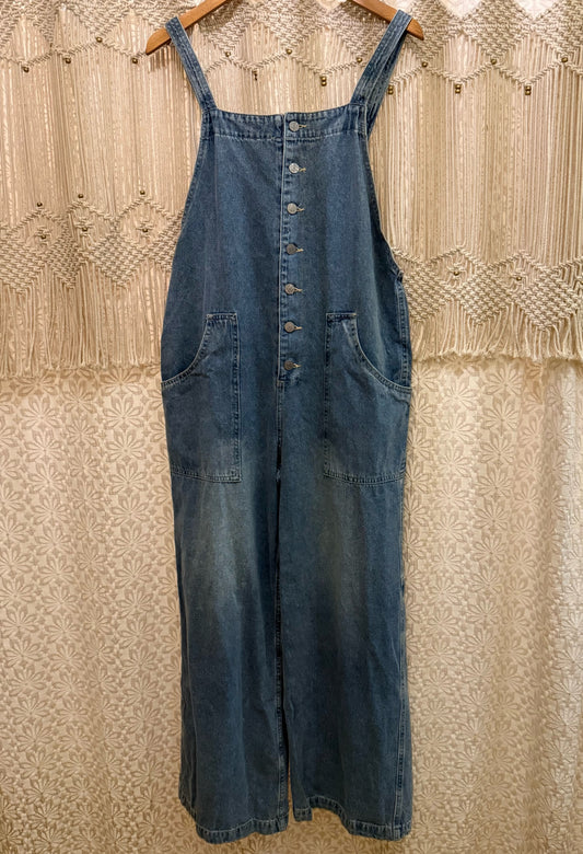 Boho Hippy Denim Button Front Wide Leg Overalls
