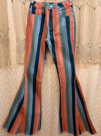 Boho Hippy Striped Denim Bell Bottoms