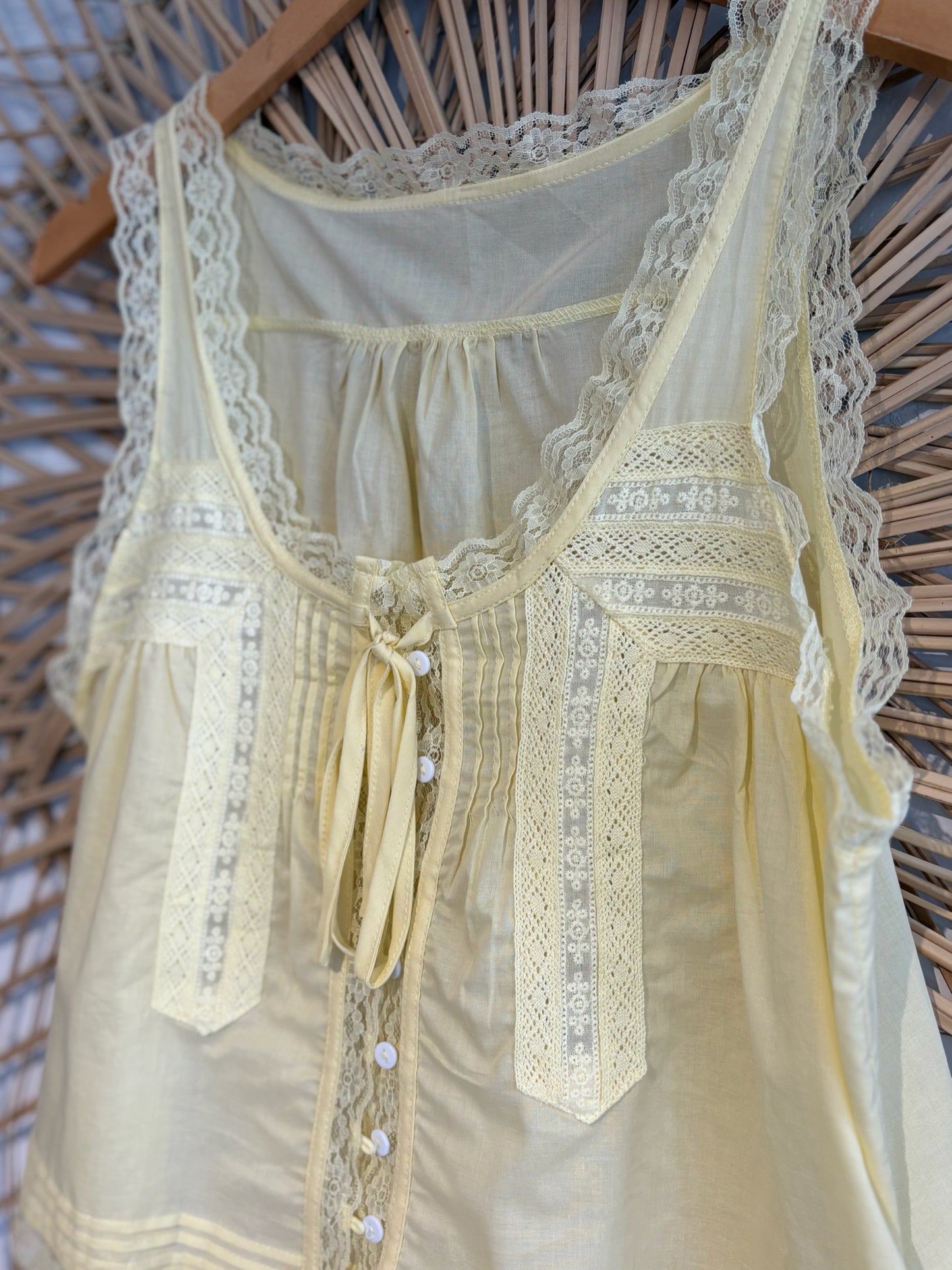 Boho Dainty Lace Trim Button Front With Tie Tank
