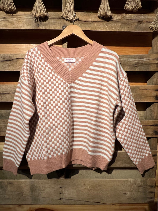 S Pink Hipster Checkerboard/Stripe V Neck Sweater