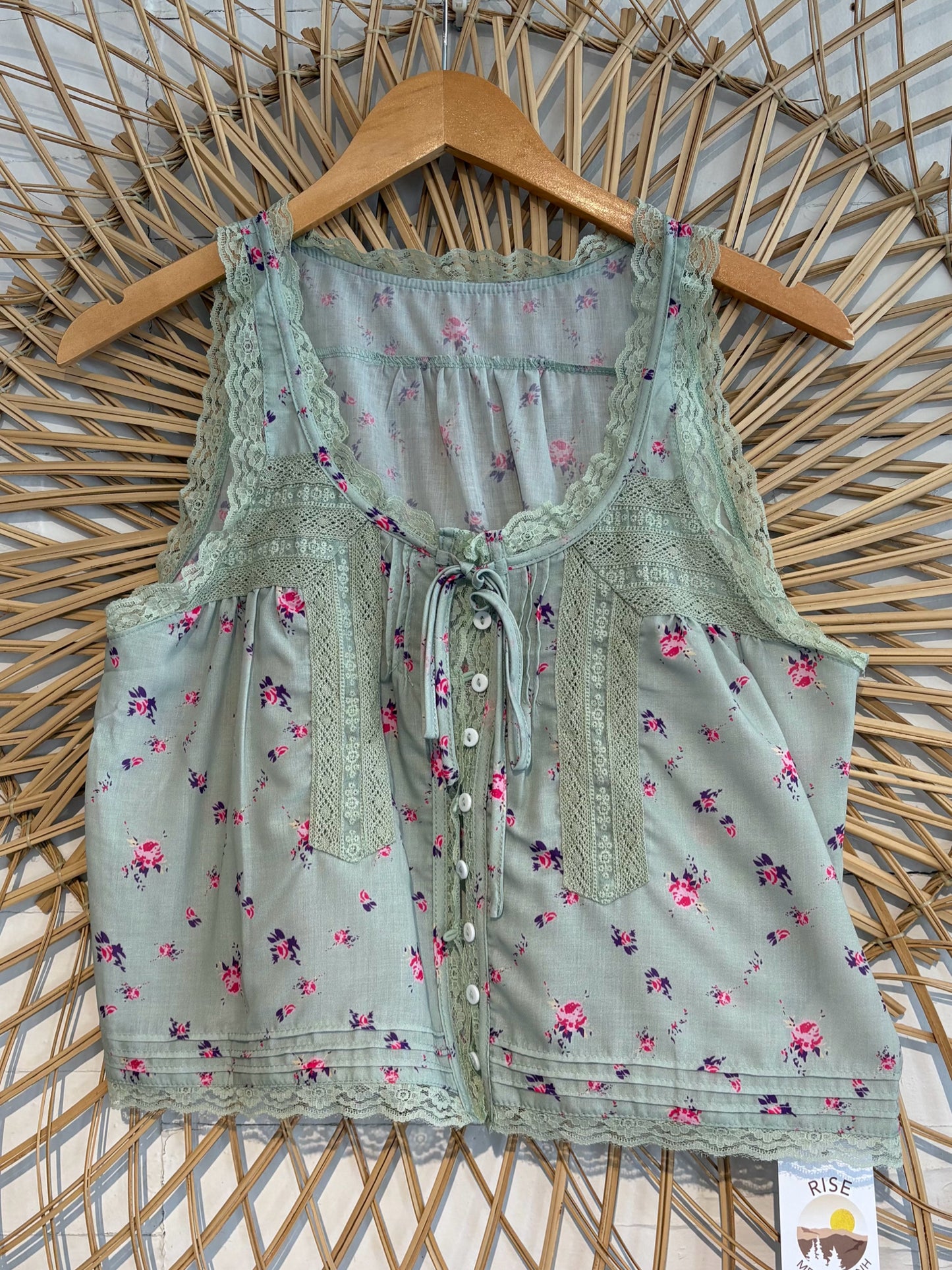 Boho Dainty Lace Trim Button Front With Tie Tank