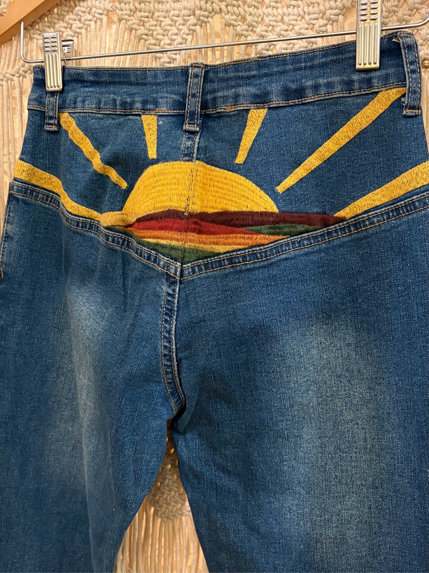 Boho Western Sunset Embroidered Denim Bell Bottoms