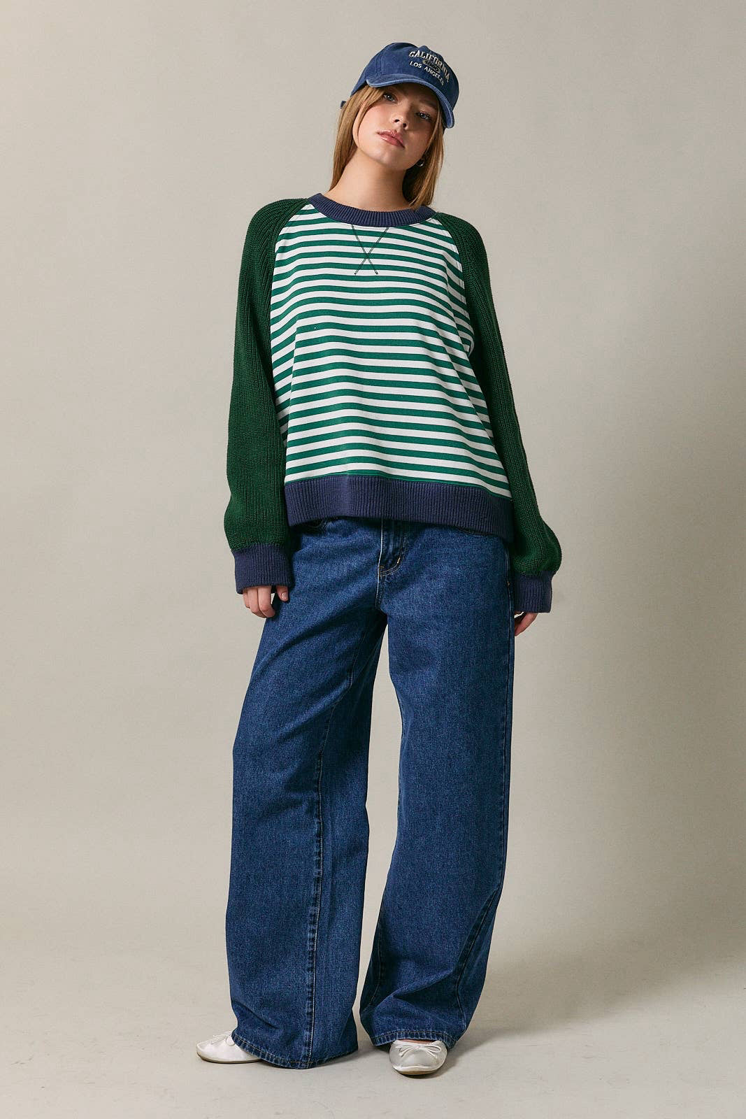 Boho Hipster Knit Sleeve Striped Crewneck