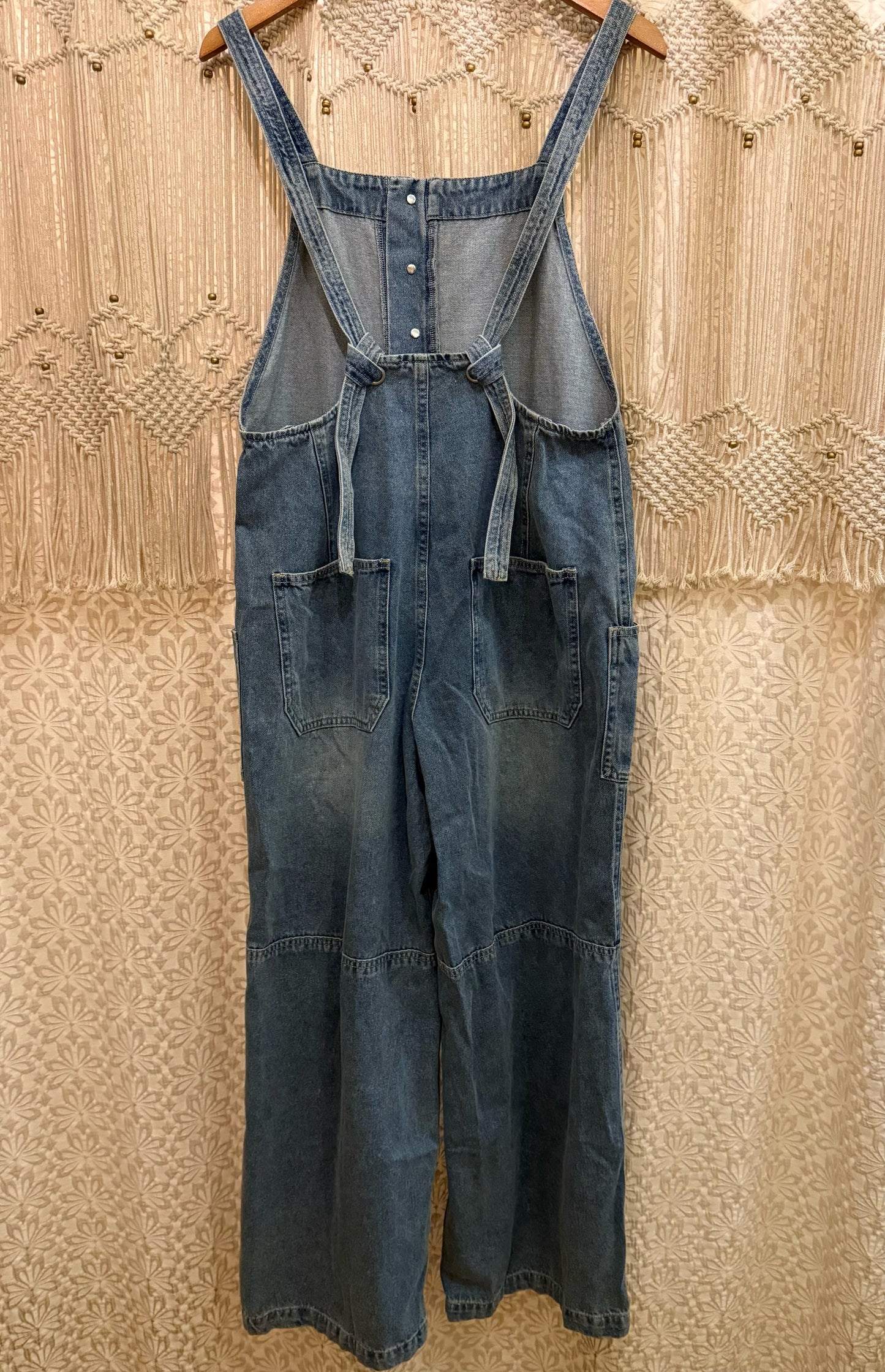 Boho Hippy Denim Button Front Wide Leg Overalls