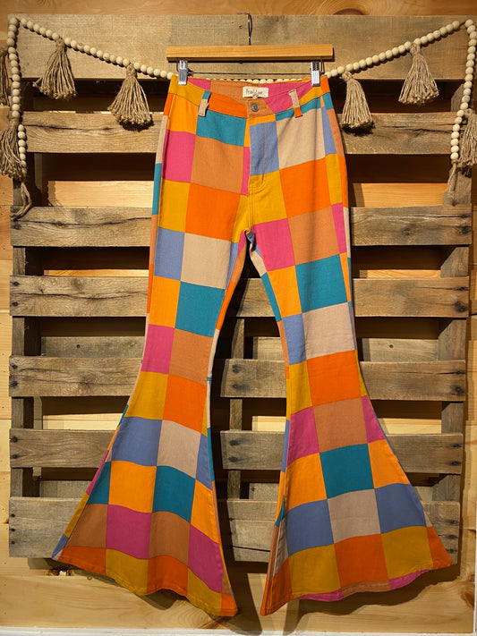 Orange and Teal Squares Bell Bottoms